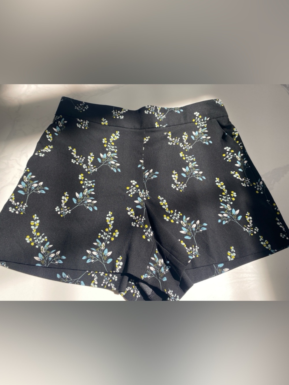 LOFT Black Floral-Print Shorts with Blue and Yellow Sprigs